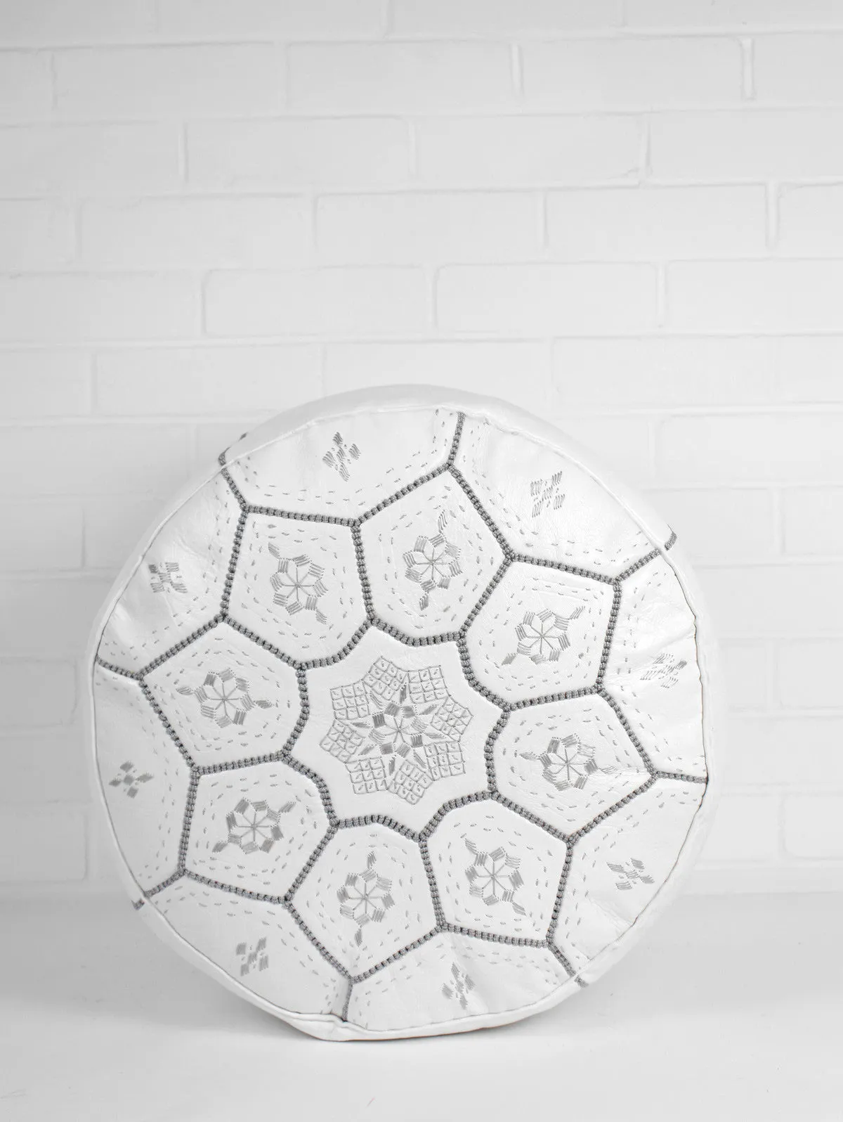 Moroccan Leather Tile Pouffe, White & Grey