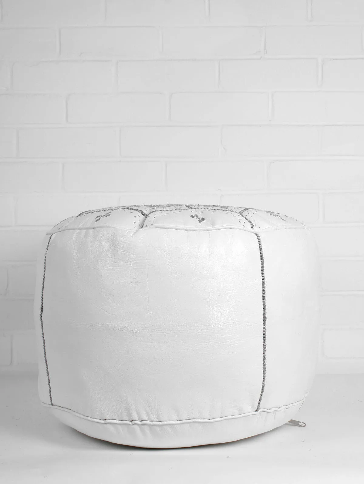 Moroccan Leather Tile Pouffe, White & Grey
