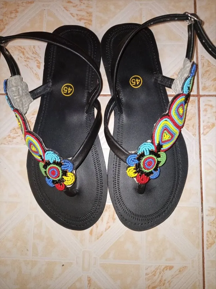 Multicolored flowered handmade beaded Masai sandals made in Kenya with free shipping