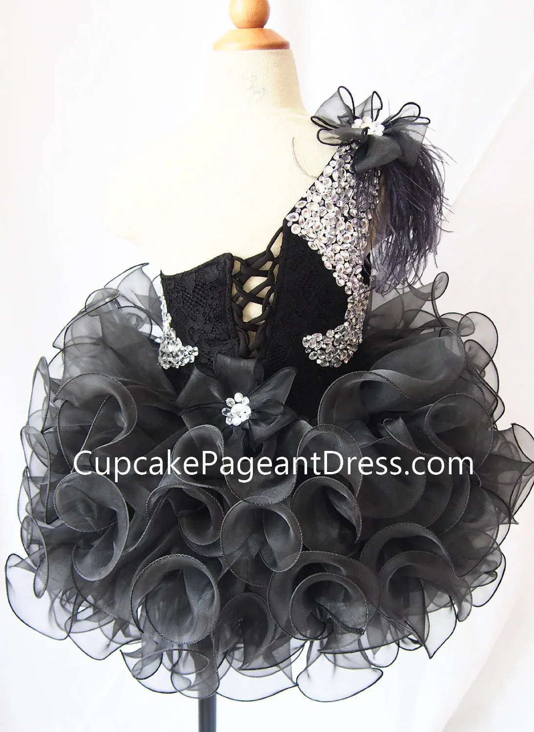 One Shoulder Feather Beaded Bodice Black Cupcake Pageant Dress