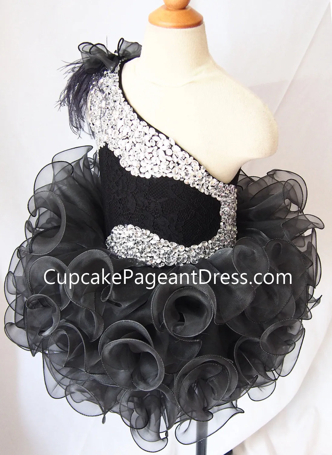 One Shoulder Feather Beaded Bodice Black Cupcake Pageant Dress