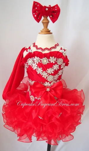 One Shoulder Glitz Beaded Little Girl Red Pageant Dress,Child Pageant Dress,Toddler pageant