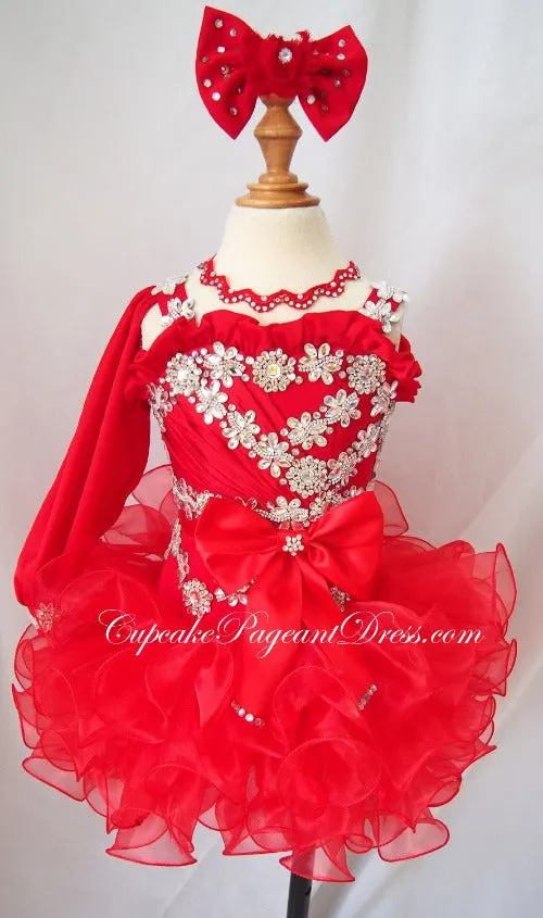 One Shoulder Glitz Beaded Little Girl Red Pageant Dress,Child Pageant Dress,Toddler pageant