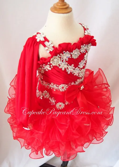 One Shoulder Glitz Beaded Little Girl Red Pageant Dress,Child Pageant Dress,Toddler pageant