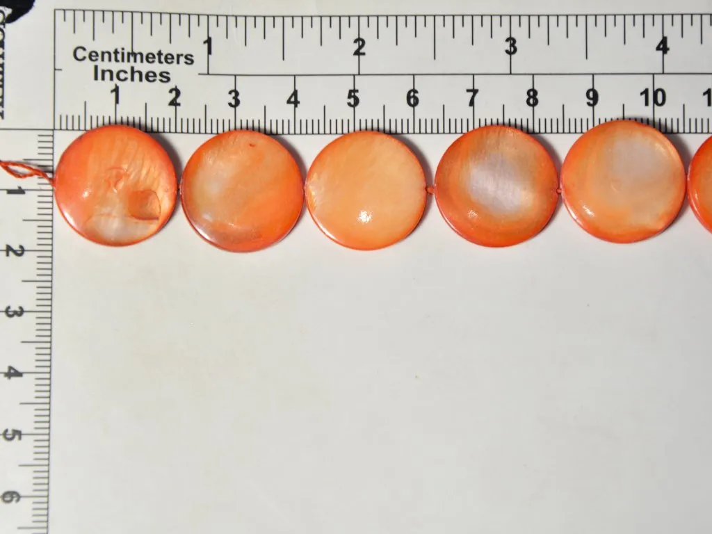 Orange Flat Circular Designer Glass Shell Beads- 20 mm