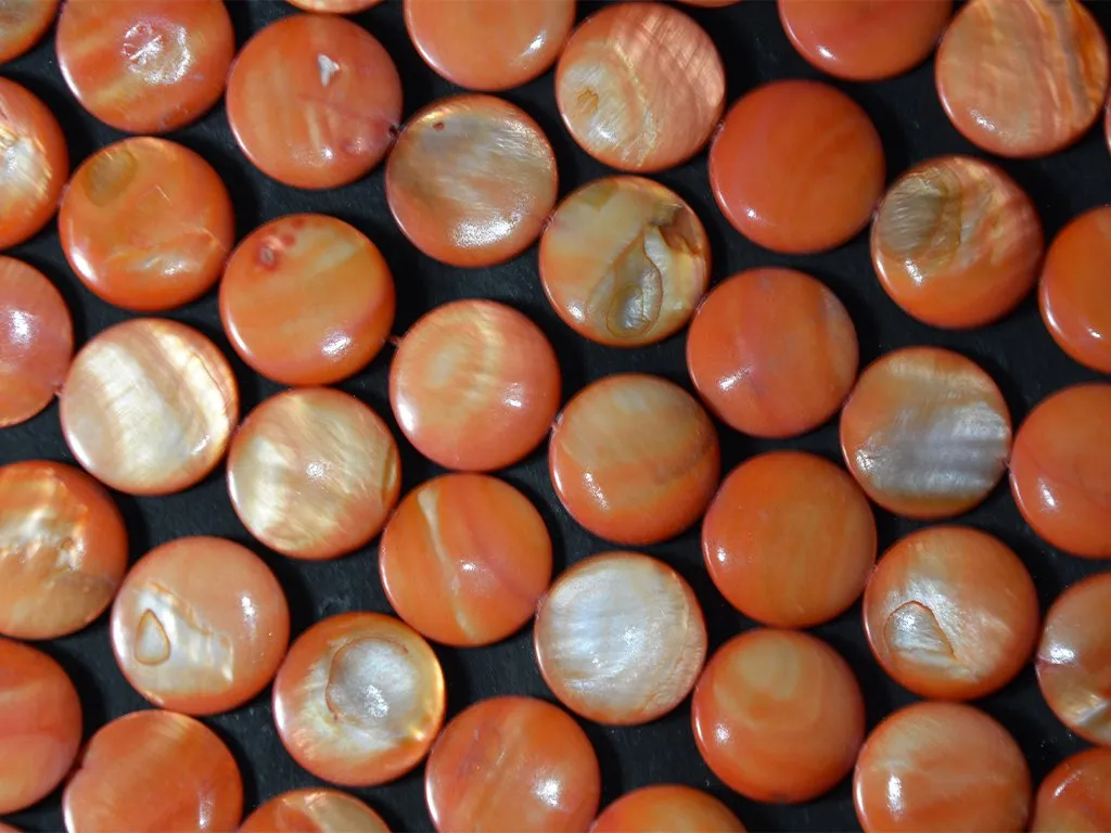 Orange Flat Circular Designer Glass Shell Beads- 20 mm