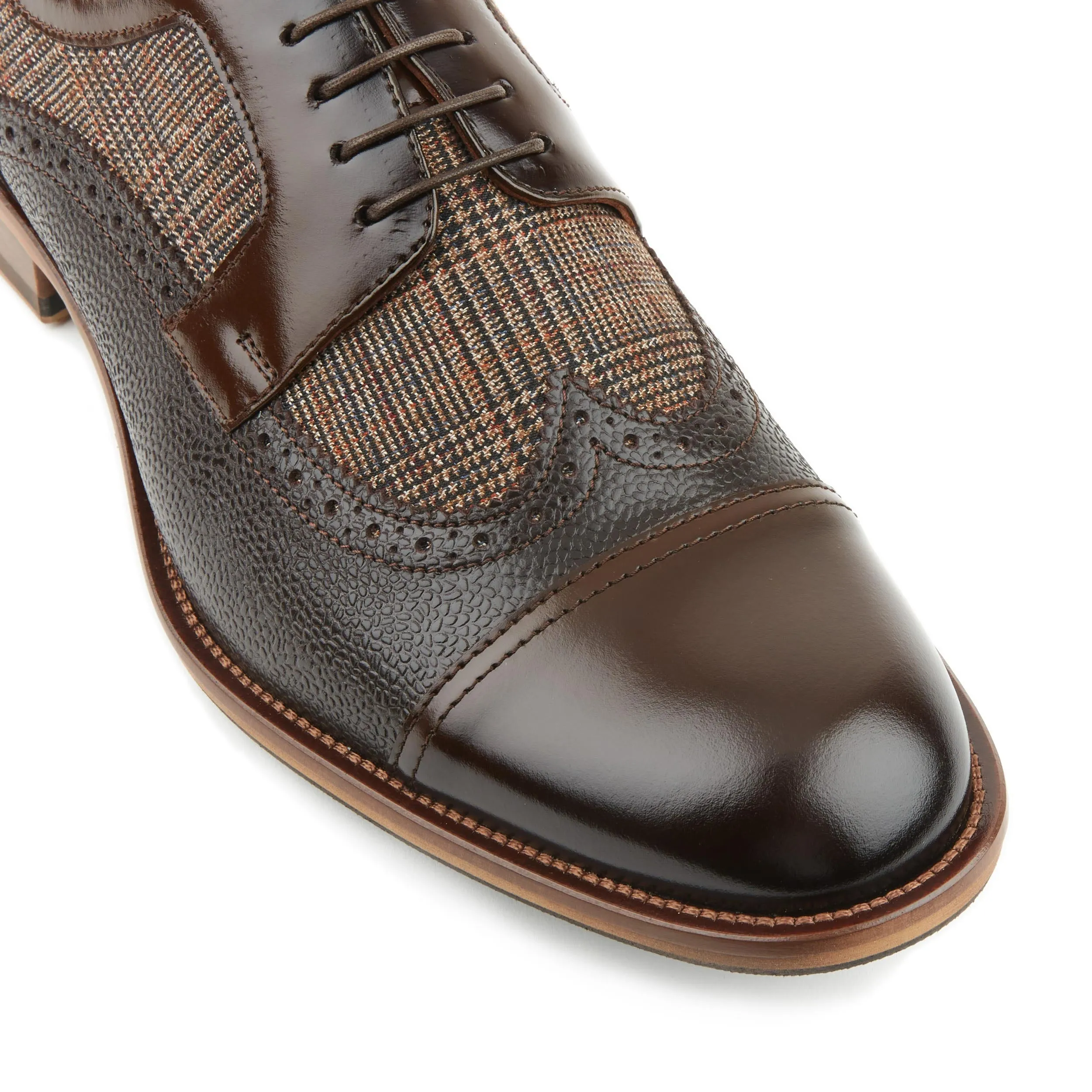Orlando - Brown Check - Men's leather dressy shoe with toe cap and brogue details