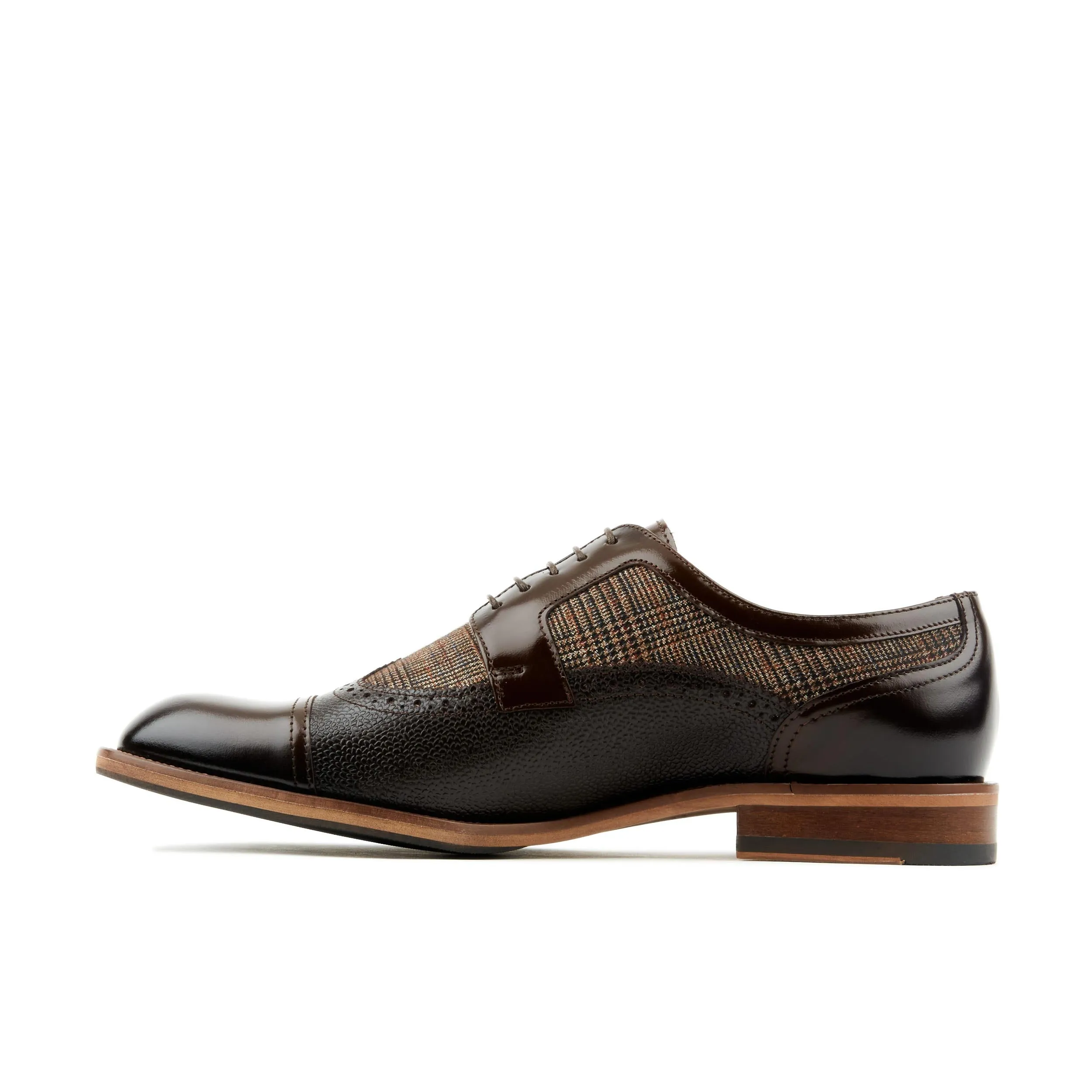 Orlando - Brown Check - Men's leather dressy shoe with toe cap and brogue details