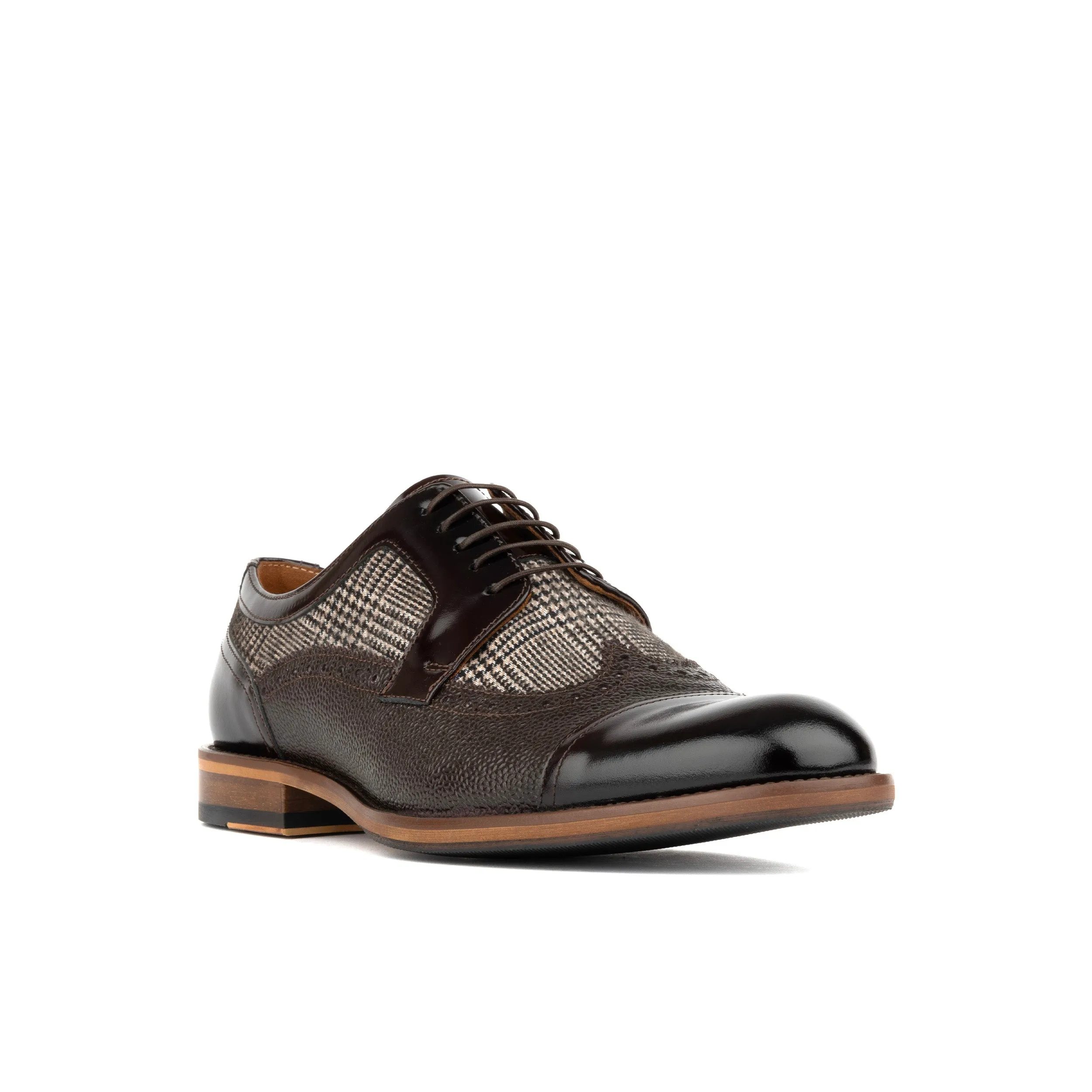 Orlando - Brown Check - Men's toe cap leather dressy shoe with brogue details