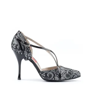Paoul Adorno Ladies Black Lace Printed Suede Argentine Tango Dance Shoe with Lacquered Heel