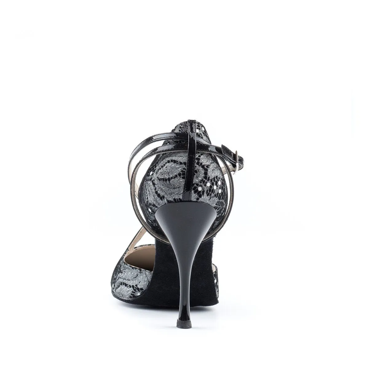 Paoul Adorno Ladies Black Lace Printed Suede Argentine Tango Dance Shoe with Lacquered Heel