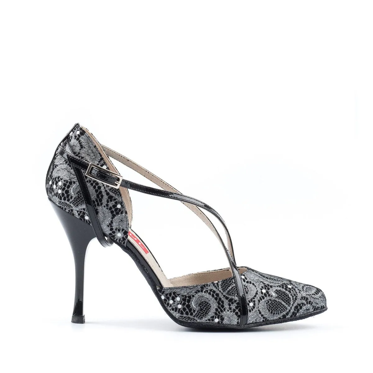 Paoul Adorno Ladies Black Lace Printed Suede Argentine Tango Dance Shoe with Lacquered Heel