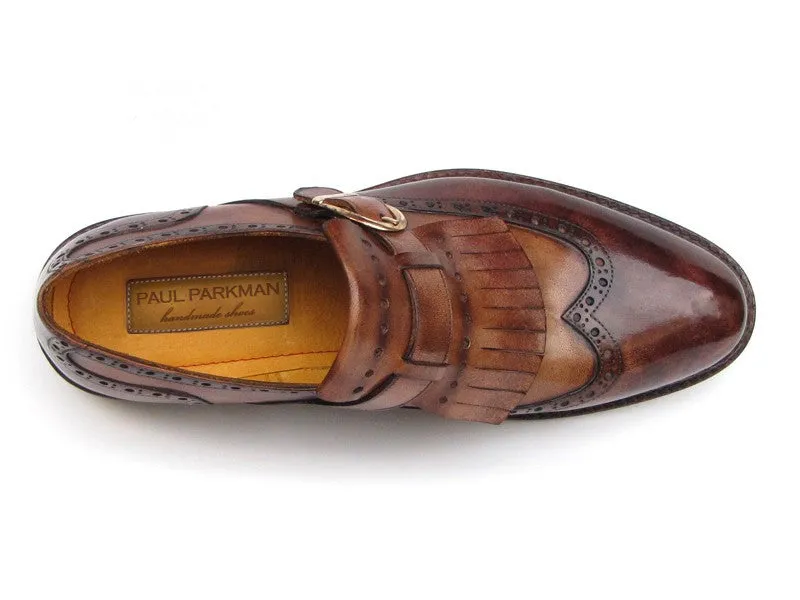 Paul Parkman Men's Wingtip Monkstrap Brogues Brown Hand-Painted Leather
