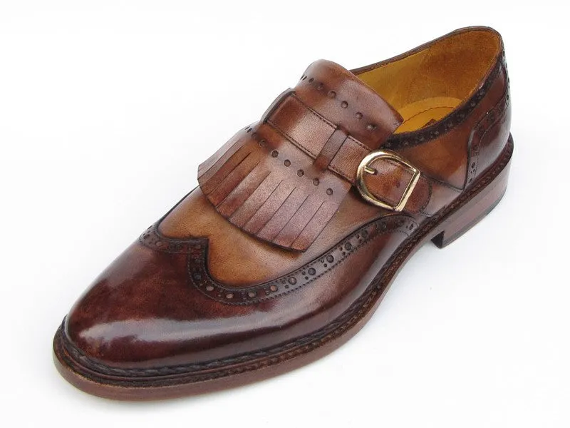 Paul Parkman Men's Wingtip Monkstrap Brogues Brown Hand-Painted Leather