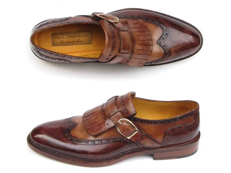 Paul Parkman Men's Wingtip Monkstrap Brogues Brown Hand-Painted Leather