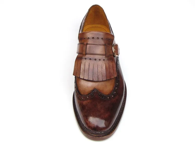 Paul Parkman Men's Wingtip Monkstrap Brogues Brown Hand-Painted Leather