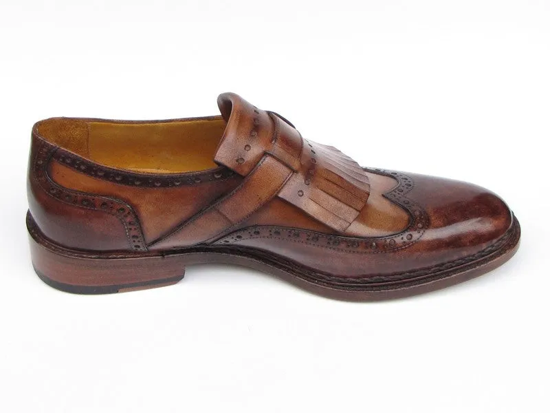 Paul Parkman Men's Wingtip Monkstrap Brogues Brown Hand-Painted Leather