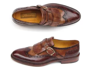 Paul Parkman Men's Wingtip Monkstrap Brogues Brown Hand-Painted Leather