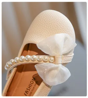 Pearl Bow Girls Party Dance Shoes Cream #300039
