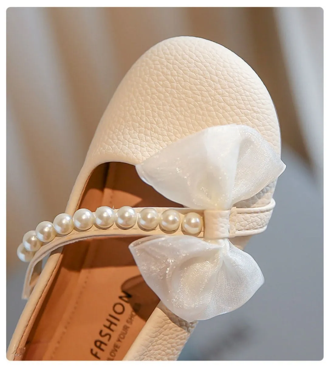 Pearl Bow Girls Party Dance Shoes Cream #300039