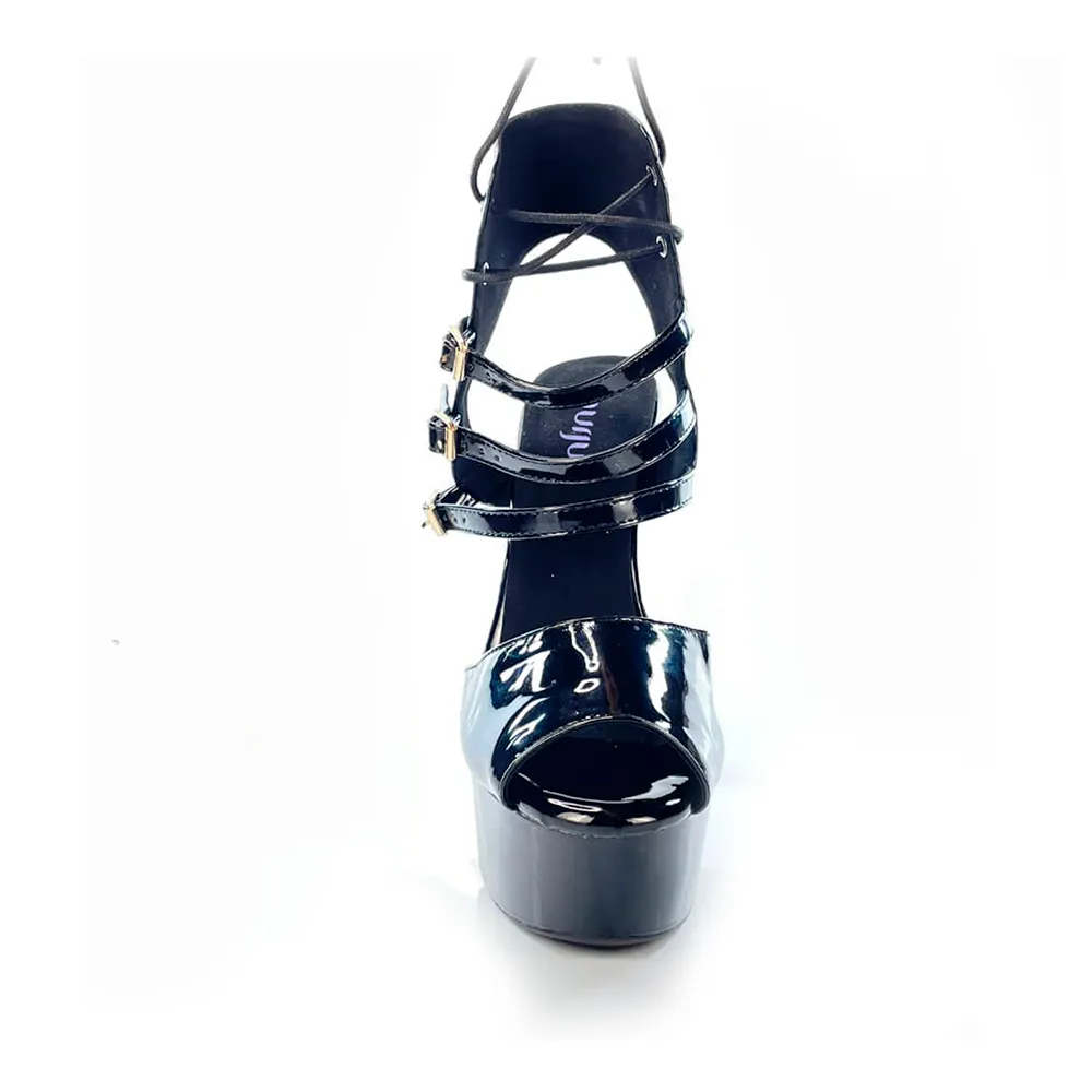 Please Her - By Nicole Kirkland - Black Strappy Open Toe Platform Dance Heels (Street Sole)