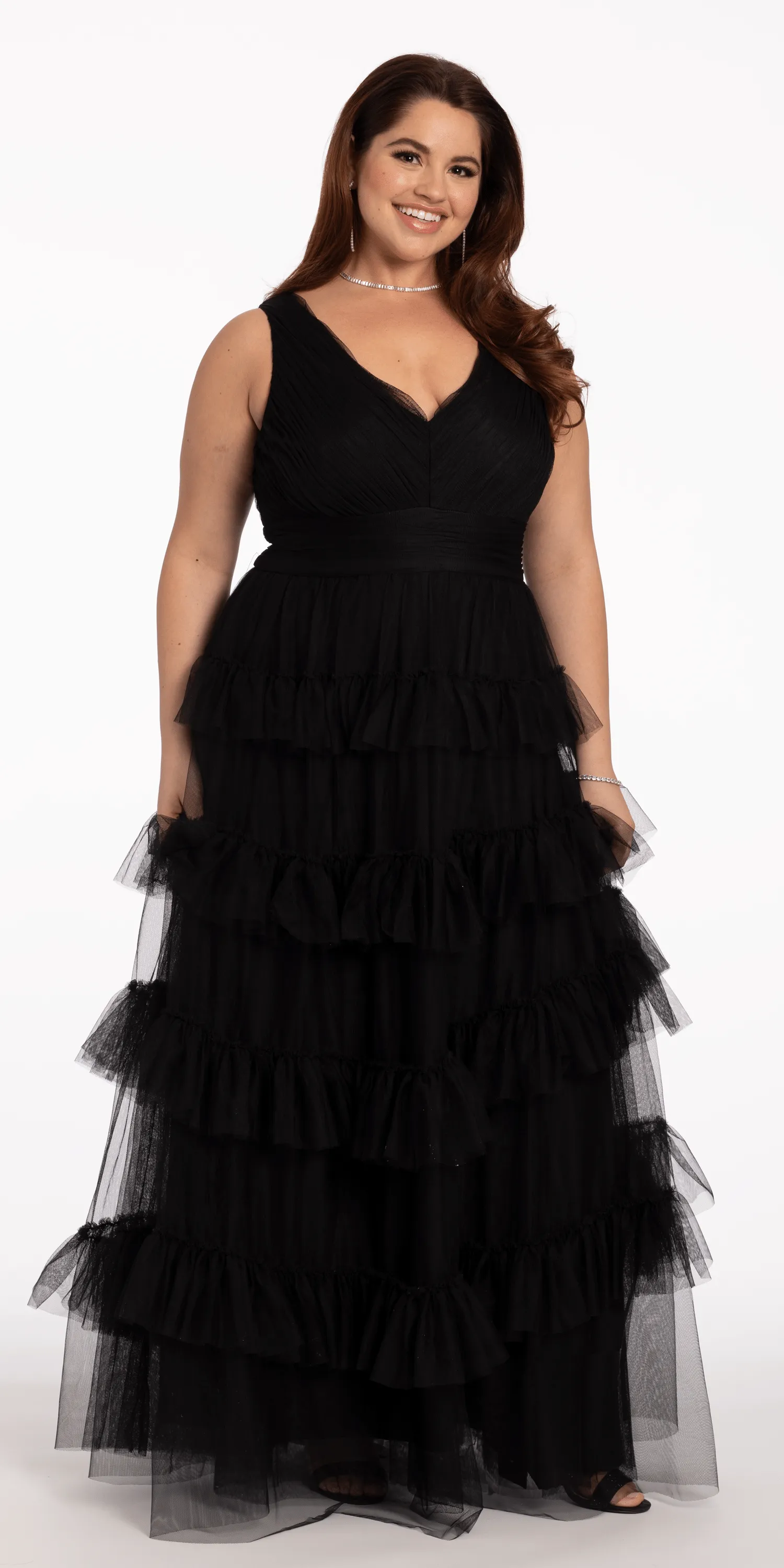 Pleated Mesh V Neck Ruffle Ballgown