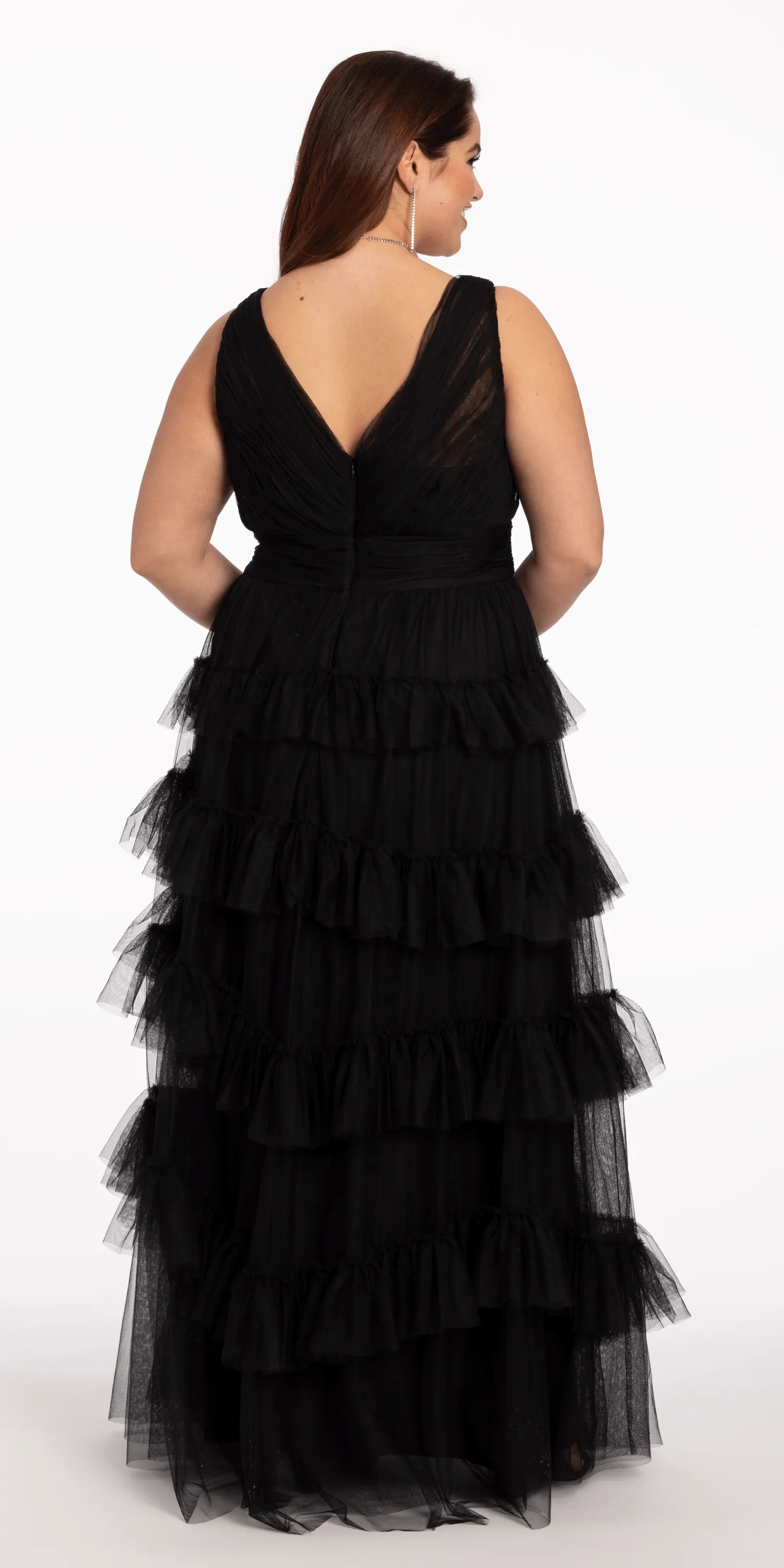 Pleated Mesh V Neck Ruffle Ballgown