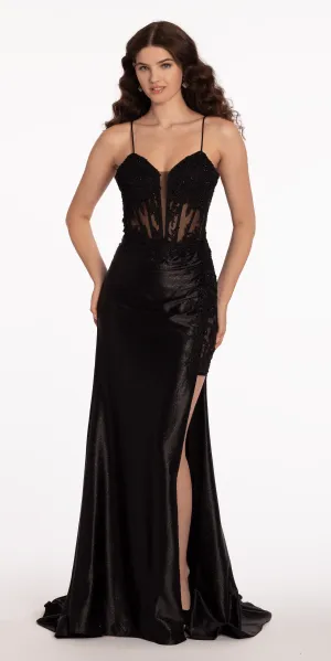 Plunging Embellished Corset Glitter Column Dress