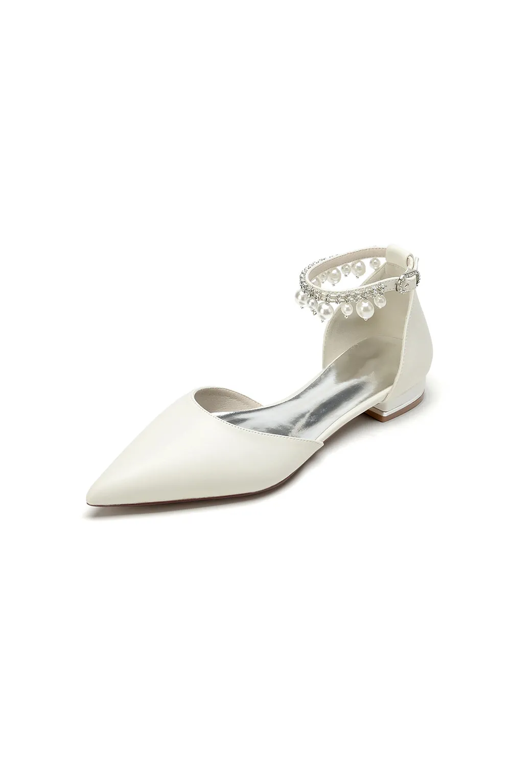 Pointed Toe Ankle Strap Pearl Beaded Low Heels