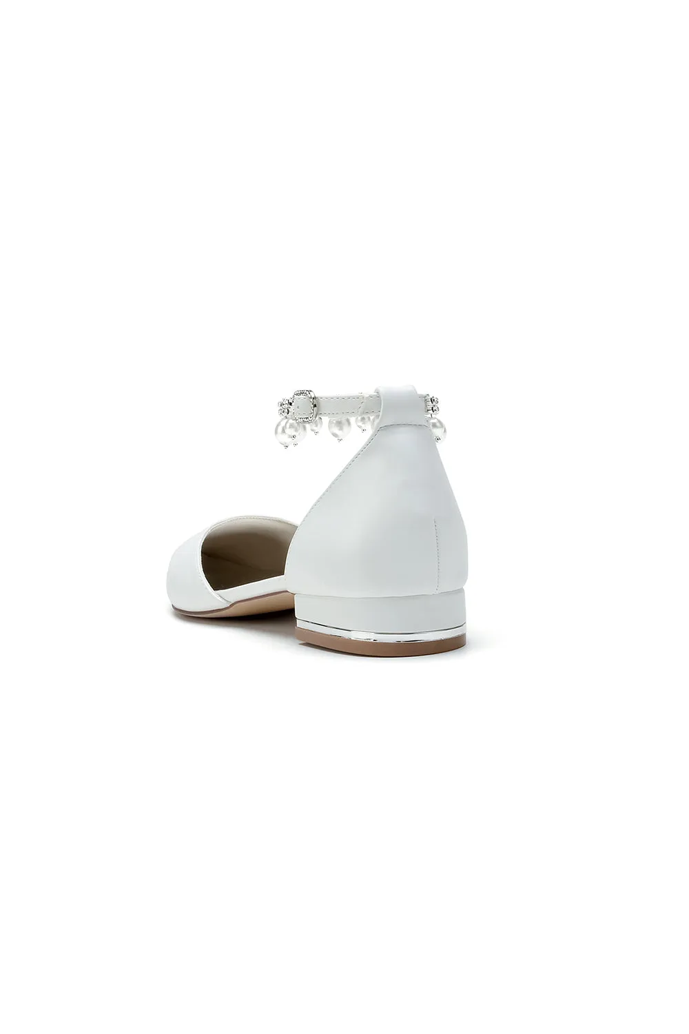 Pointed Toe Ankle Strap Pearl Beaded Low Heels