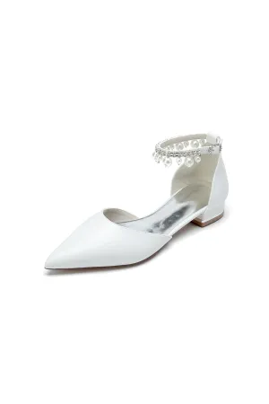 Pointed Toe Ankle Strap Pearl Beaded Low Heels
