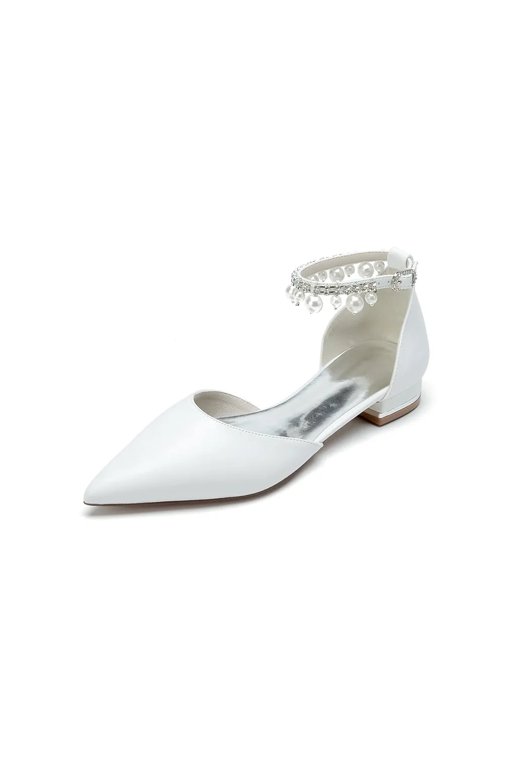 Pointed Toe Ankle Strap Pearl Beaded Low Heels