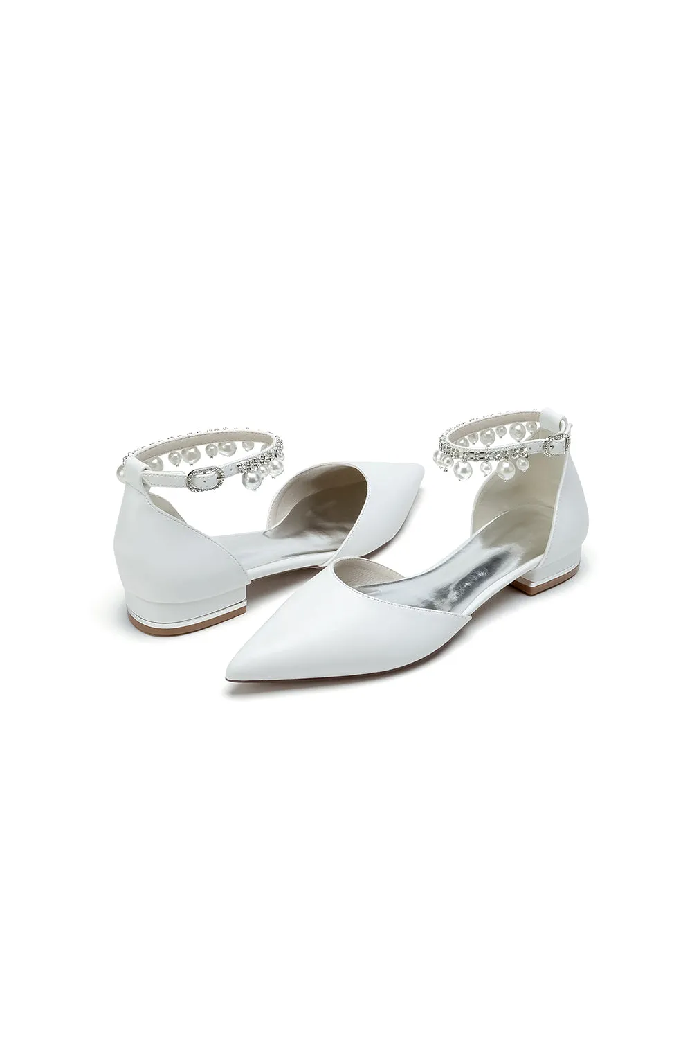 Pointed Toe Ankle Strap Pearl Beaded Low Heels