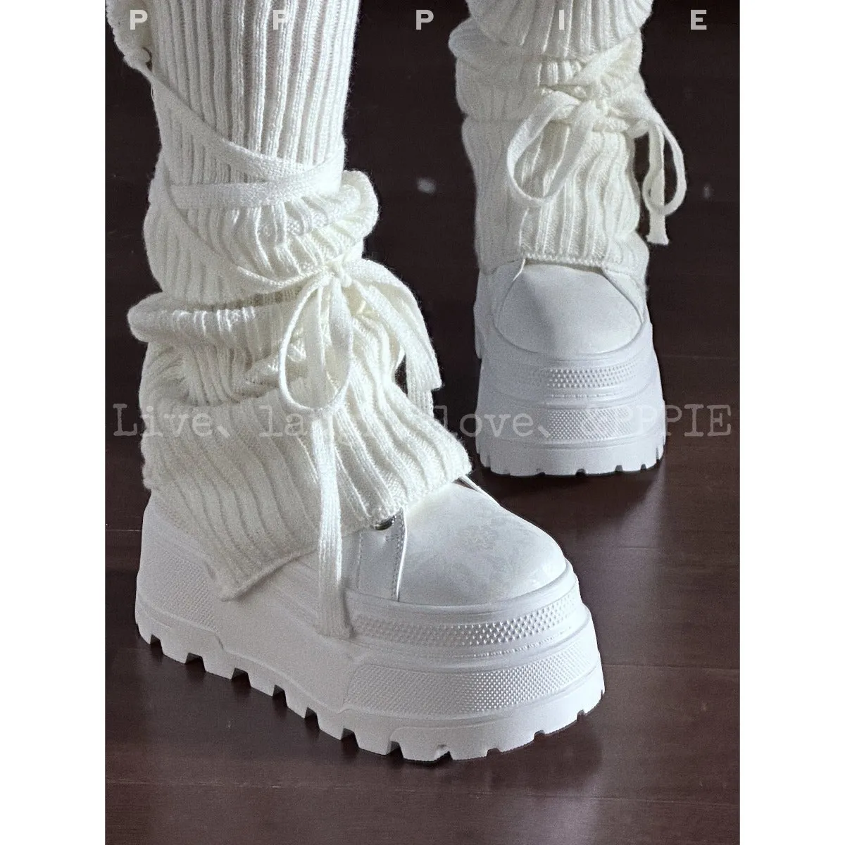 Printed open-edge beaded cowhide ultra-light platform shoes