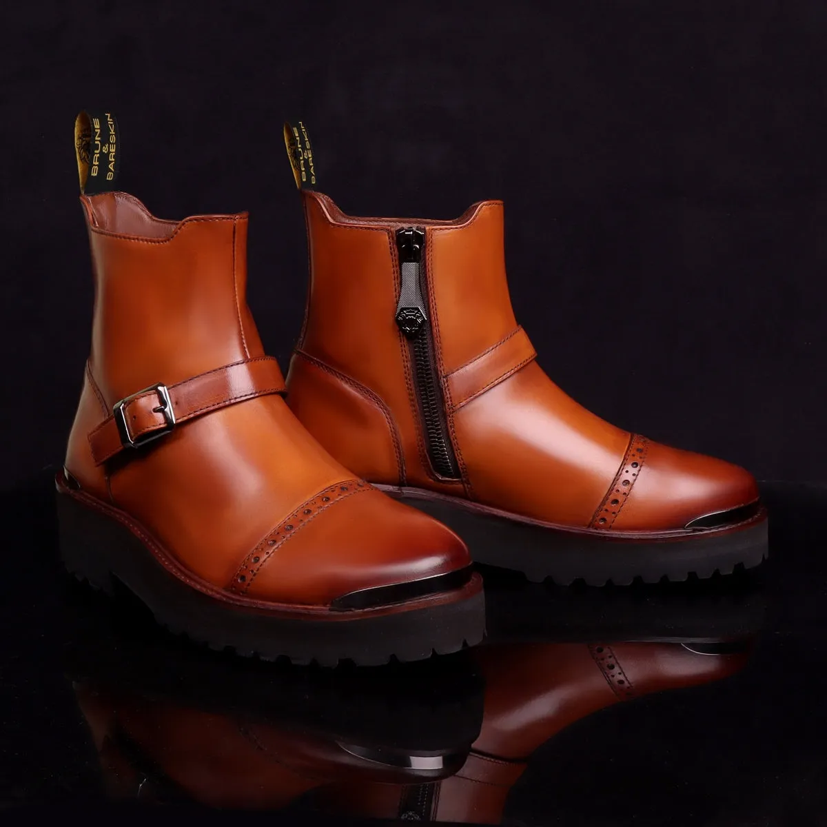 Punching Brogues Cap Toe Tan Boot in  Light Weight Sole with Adjustable Buckle Strap By Brune & Bareskin