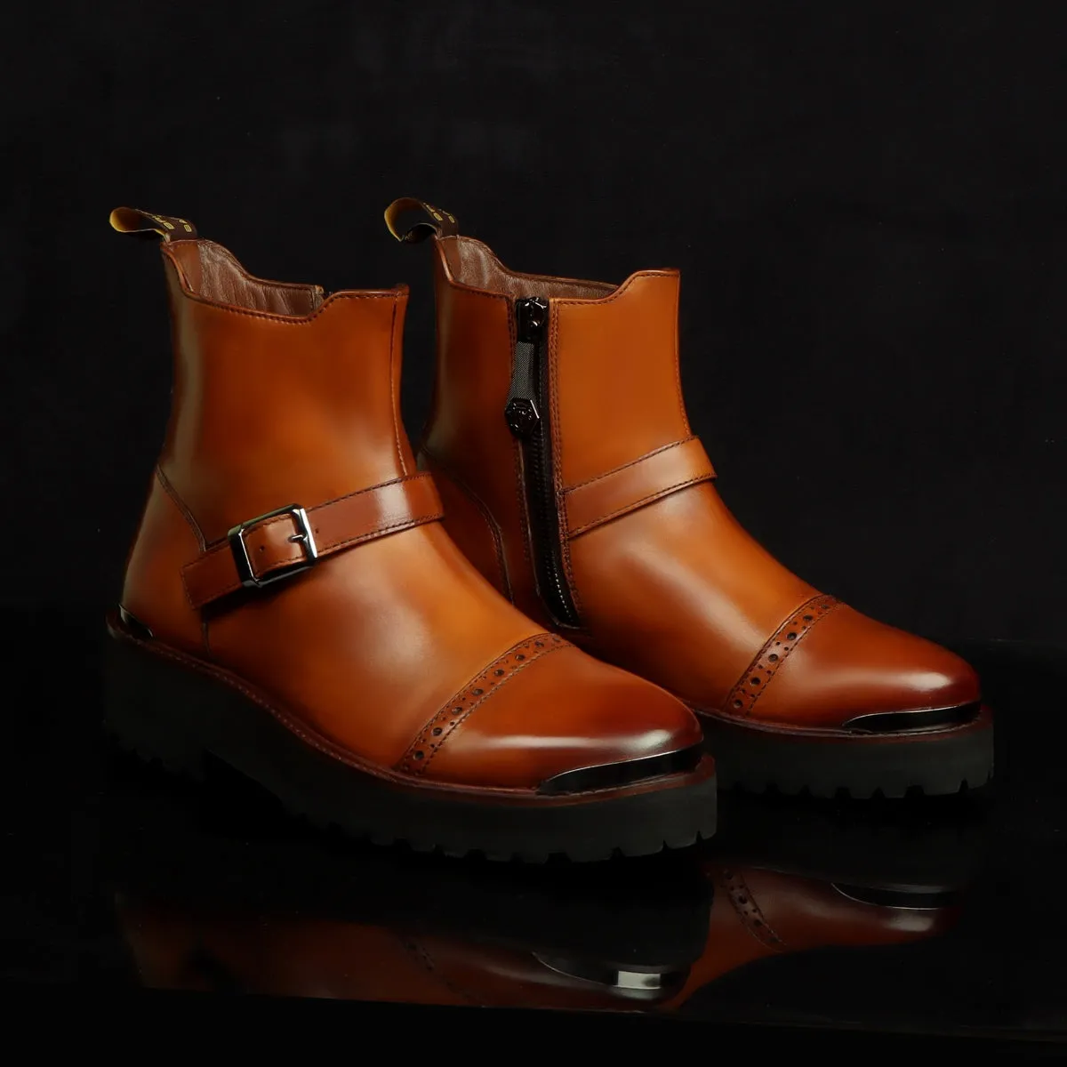 Punching Brogues Cap Toe Tan Boot in  Light Weight Sole with Adjustable Buckle Strap By Brune & Bareskin