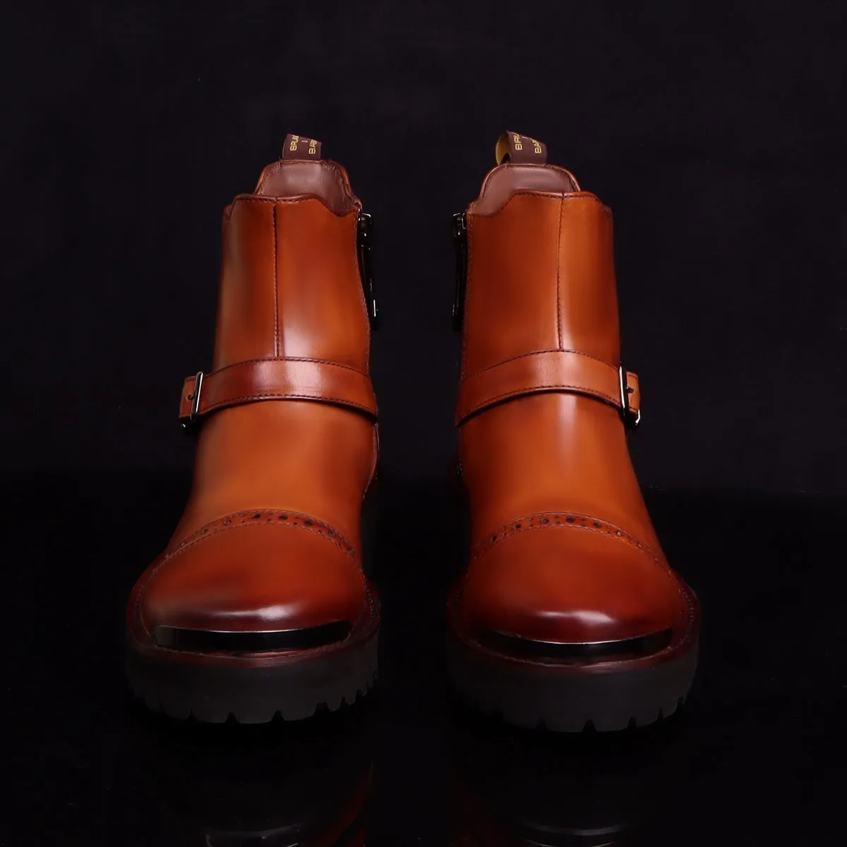 Punching Brogues Cap Toe Tan Boot in  Light Weight Sole with Adjustable Buckle Strap By Brune & Bareskin