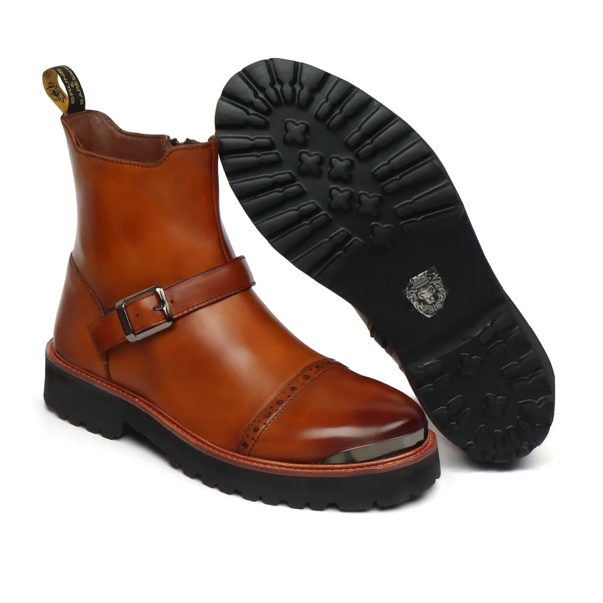 Punching Brogues Cap Toe Tan Boot in  Light Weight Sole with Adjustable Buckle Strap By Brune & Bareskin
