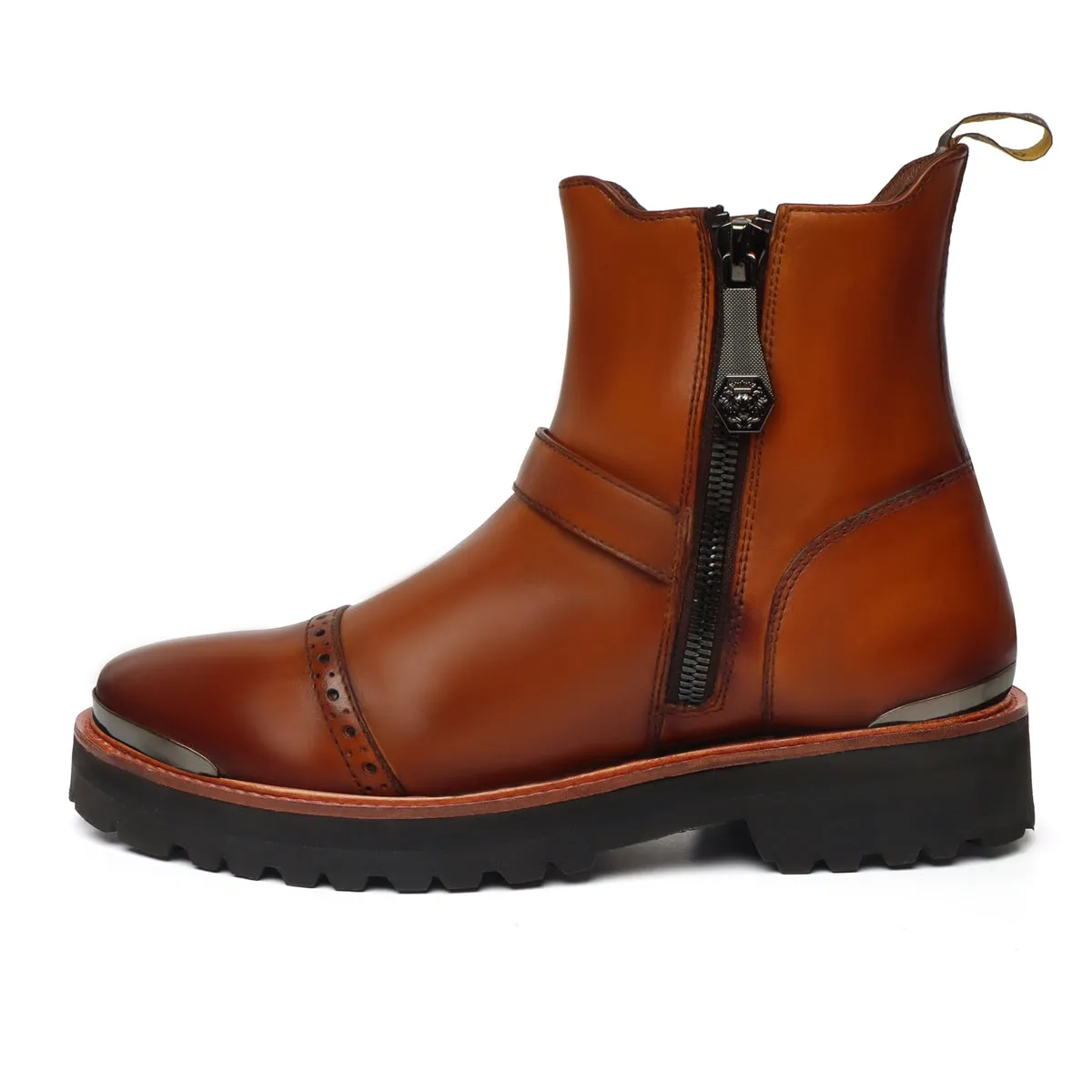 Punching Brogues Cap Toe Tan Boot in  Light Weight Sole with Adjustable Buckle Strap By Brune & Bareskin