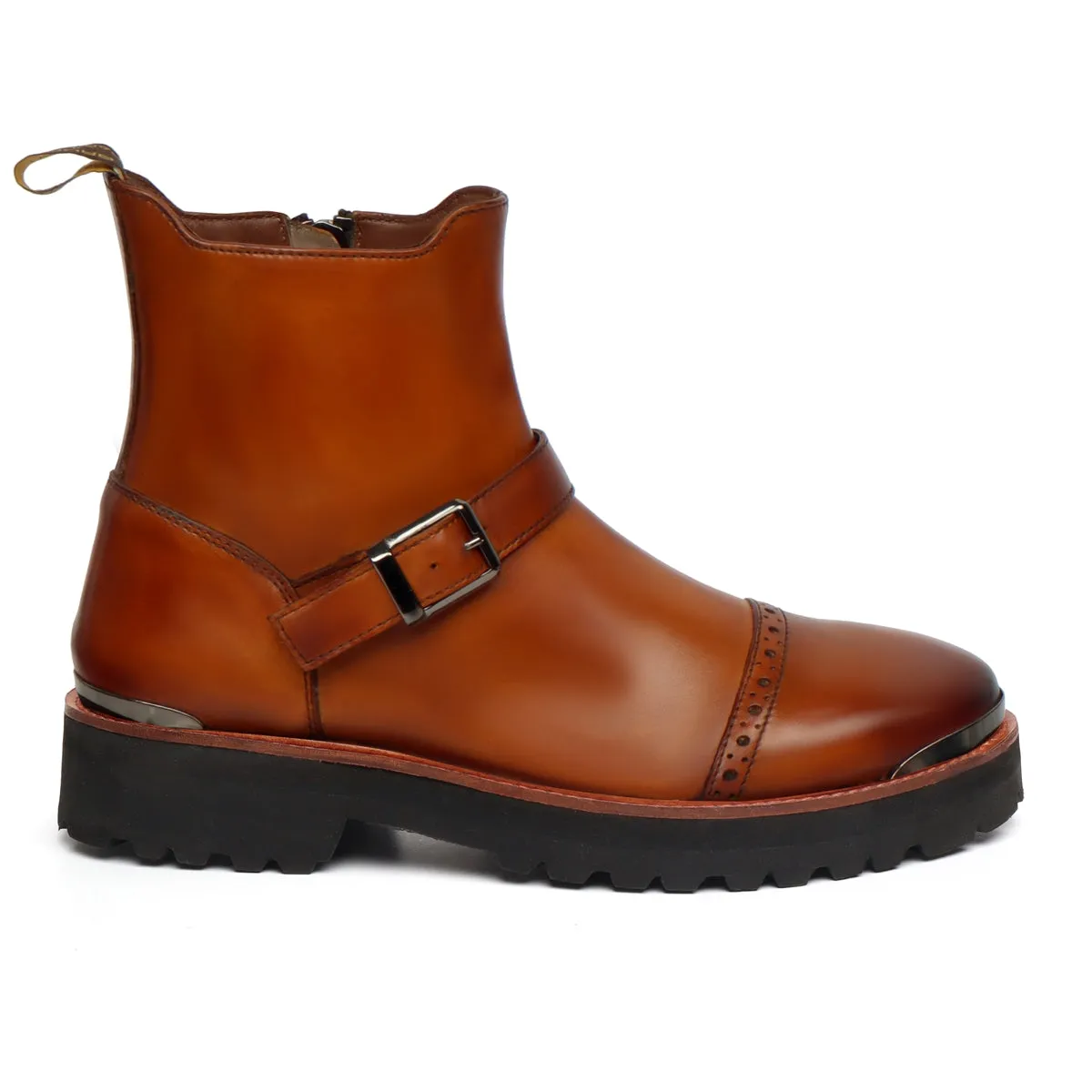 Punching Brogues Cap Toe Tan Boot in  Light Weight Sole with Adjustable Buckle Strap By Brune & Bareskin