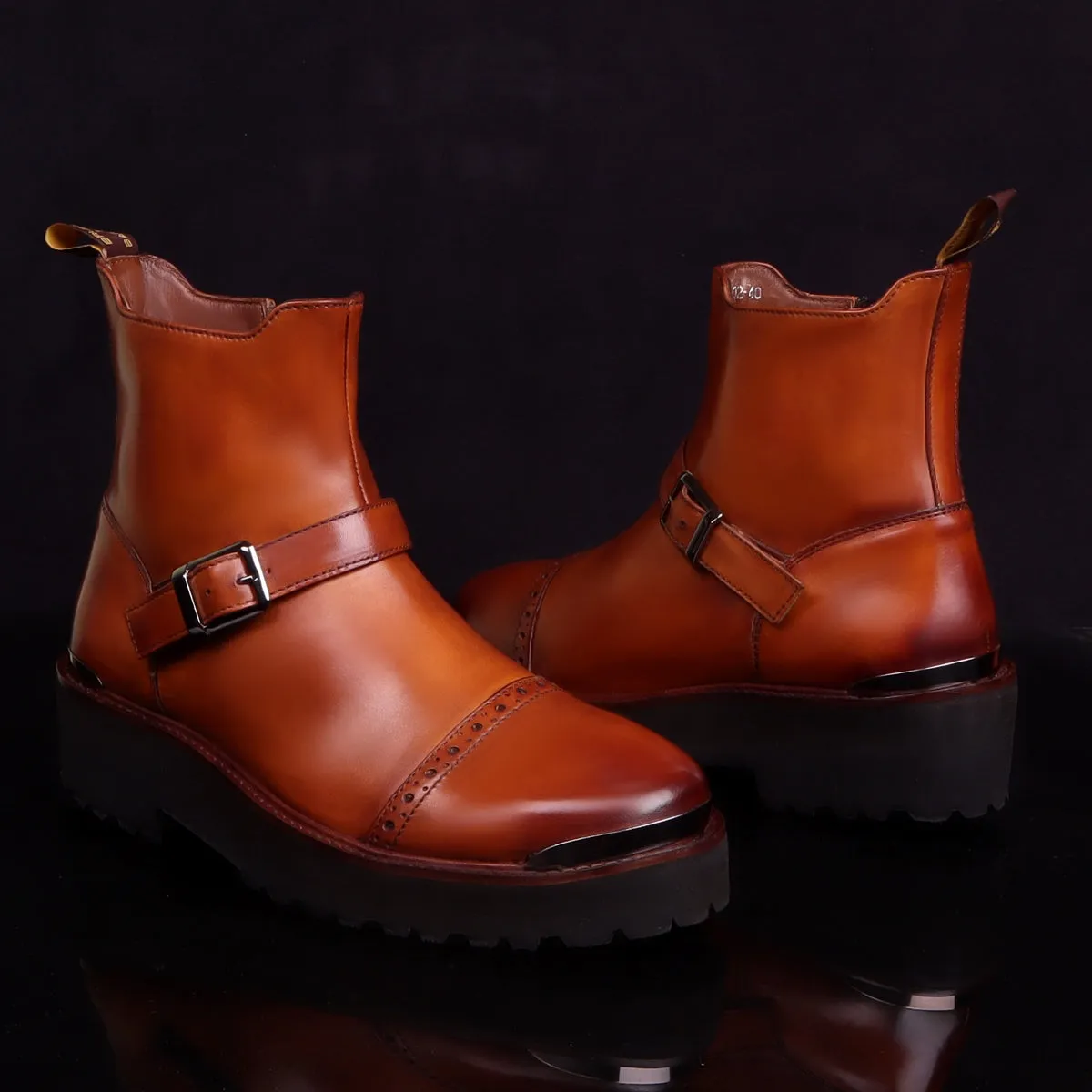 Punching Brogues Cap Toe Tan Boot in  Light Weight Sole with Adjustable Buckle Strap By Brune & Bareskin
