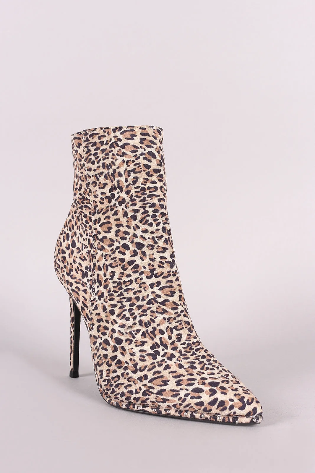 Qupid Leopard Suede Pointy Toe Beaded Trim Stiletto Booties