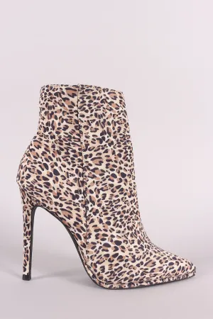 Qupid Leopard Suede Pointy Toe Beaded Trim Stiletto Booties