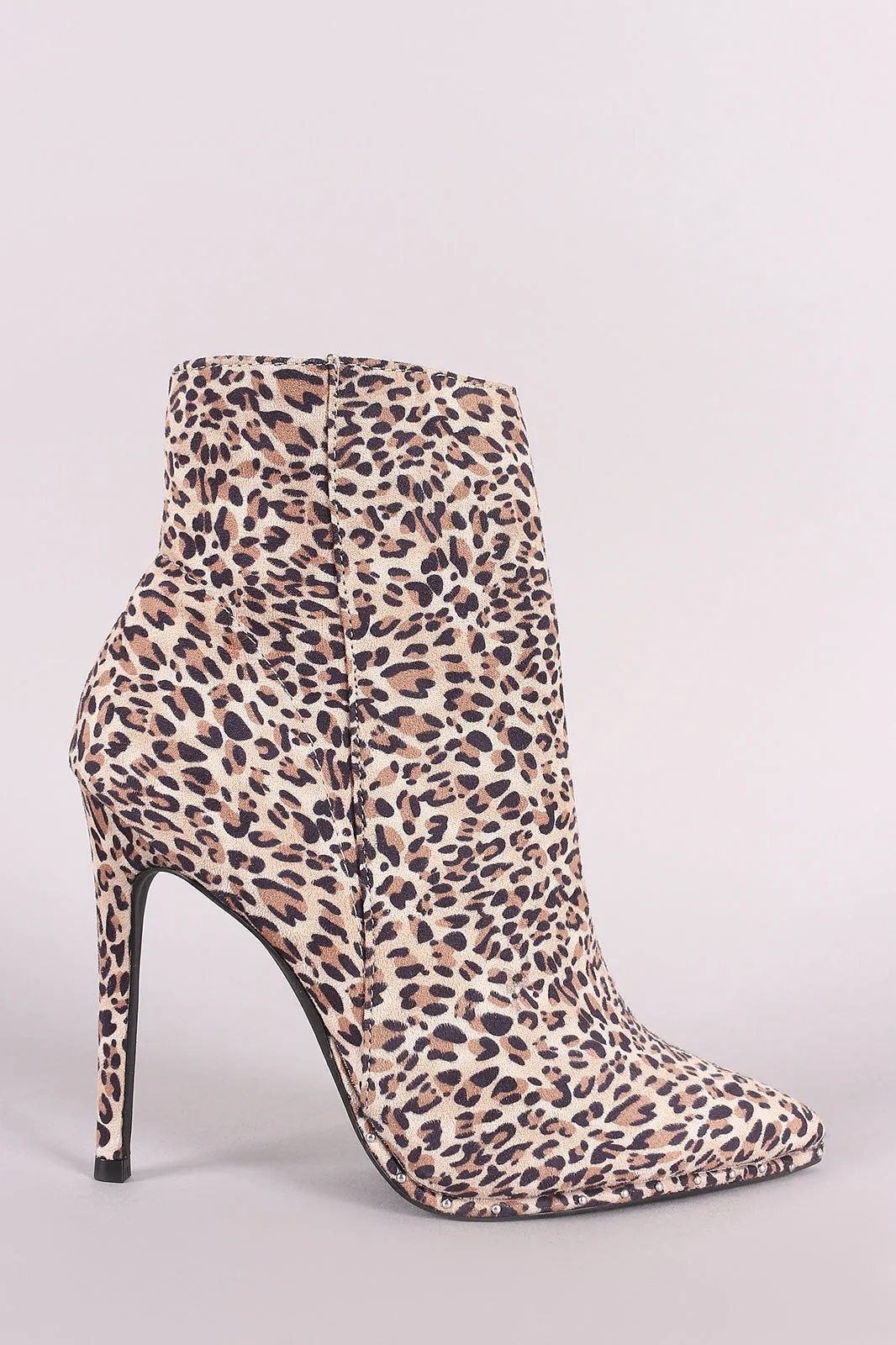 Qupid Leopard Suede Pointy Toe Beaded Trim Stiletto Booties