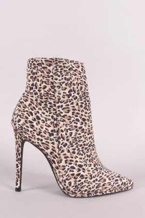 Qupid Leopard Suede Pointy Toe Beaded Trim Stiletto Booties