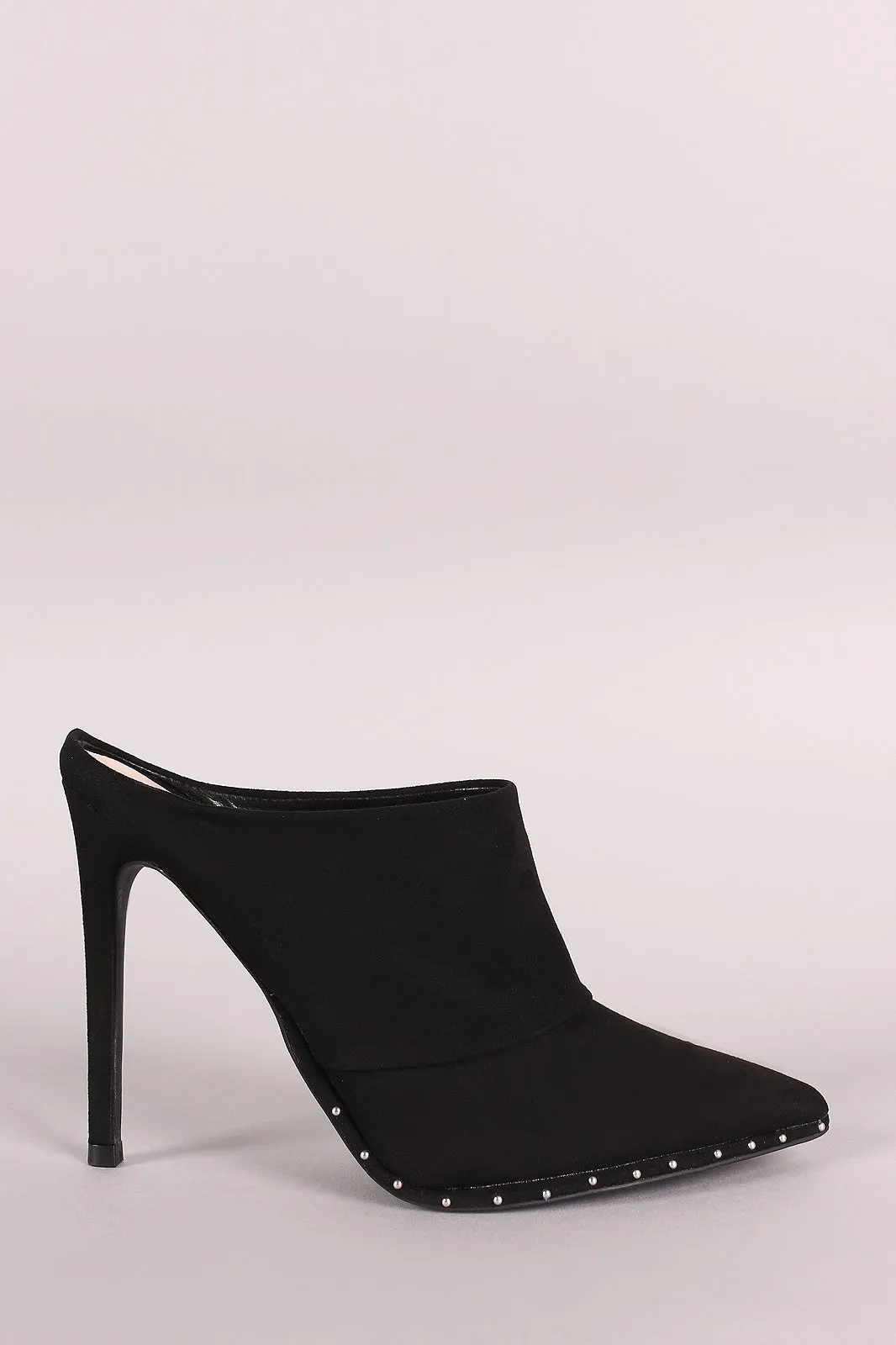 Qupid Suede Beaded Trim Pointy Toe Stiletto Mule Heel