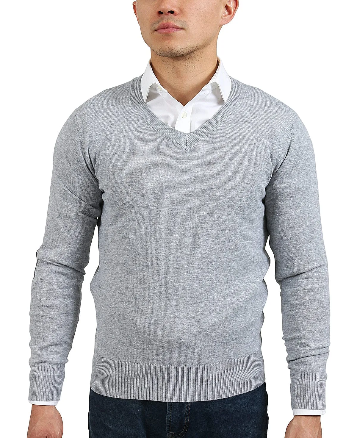 Real Cashmere Light Grey V-Neck Fine Cashmere Blend Mens Sweater