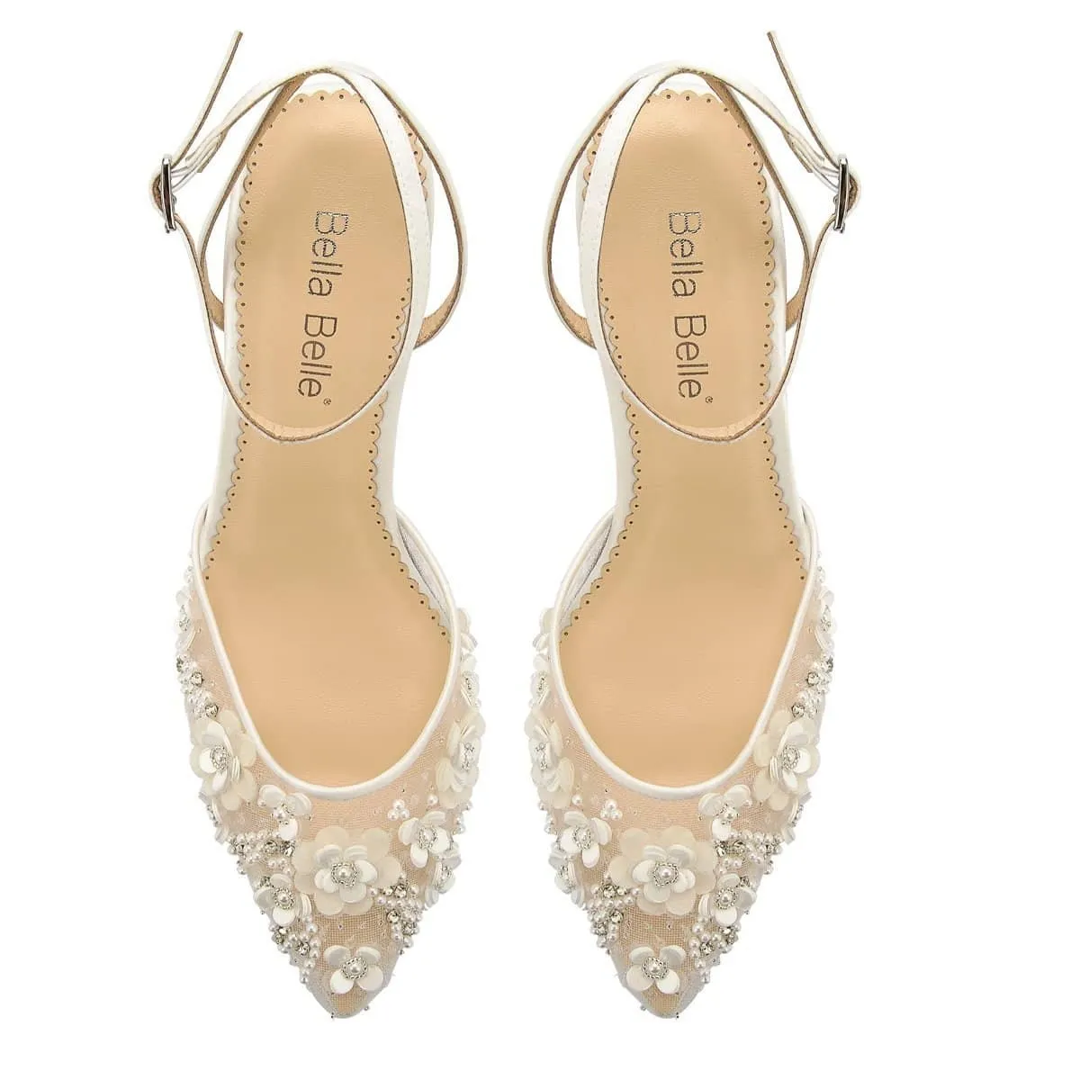 Rosa Floral Pearl Beaded Wedding Low Heels in Ivory