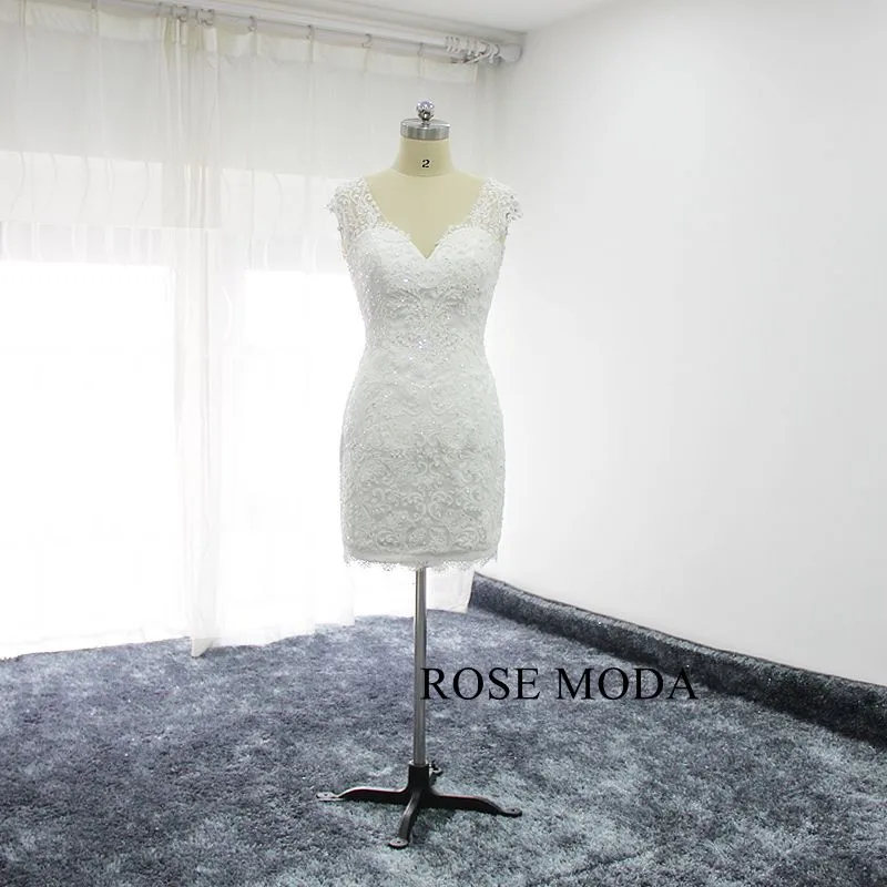Rosemoda Beaded Short Lace Wedding Dress With Removable Skirt