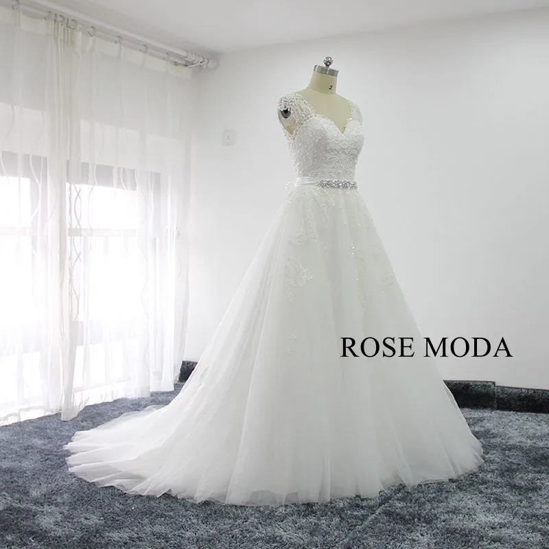 Rosemoda Beaded Short Lace Wedding Dress With Removable Skirt